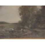 An oil on canvas laid on panel, wood cutters by a river, monogrammed 'GB', attributed to George