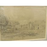 A C19th pencil drawing of figures working in a castle garden, inscribed 'Kenilworth 1841', 13½" x