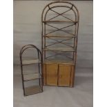 A cane and glass open display cabinet, and another smaller shelf unit, 72" x 14" x 30"