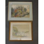 B.M. Pedder, two signed watercolours, rural autumnal forrest scene and a lakeside scene with two