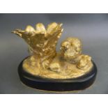 A gilt bronze vase stand in the form of a pheasant with young beside a tree stump, on a marble base,