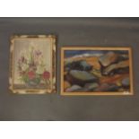 A mid C20th oil on panel, still life with vase of flowers, and an oil sketch on paper of rocks and