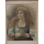 A Victorian colour print of a young woman at prayer, with spiritual verse to corner, in a good