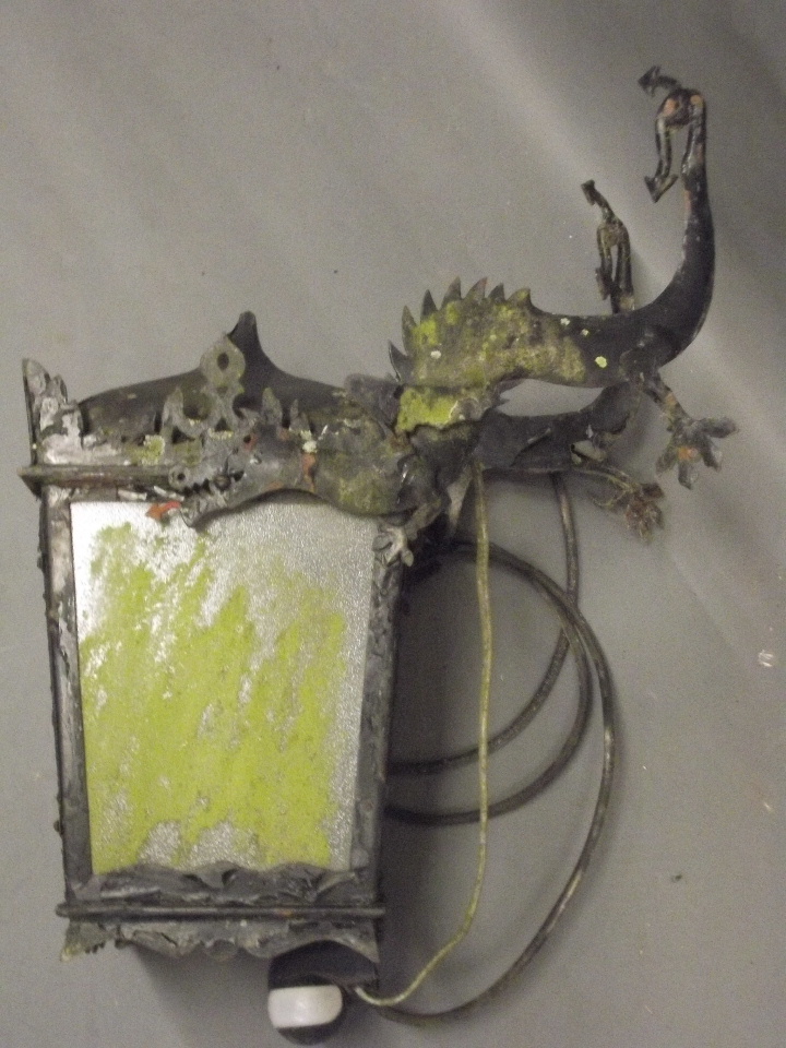 A painted steel lantern supported by two winged dragons, 27" x 13" - Image 2 of 2