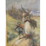 A watercolour of a figure and child carrying wood in a coastal landscape, signed 'J.S. Crompton, R.