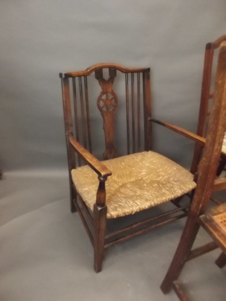 A C19th shield back elbow chair, a rush seated low elbow chair, and three others - Image 2 of 4