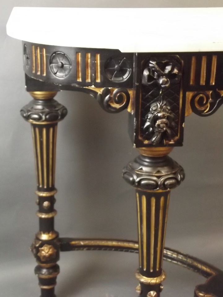 A C19th ebonised and parcel gilt console table with crossed stretchers and undertier, and marble - Image 2 of 3