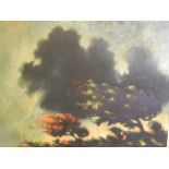 A Symbolist style oil, windswept trees and lightning, indistinctly signed, 24" x 19"