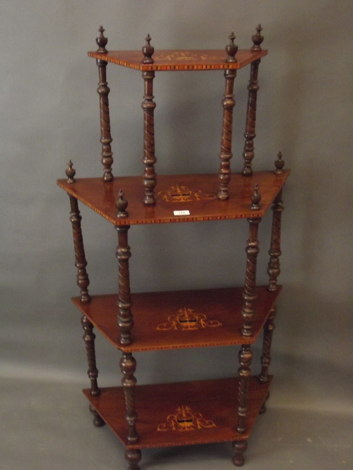 A Victorian four tier inlaid walnut whatnot on carved and turned supports, 27" x 11" x 53½" - Image 4 of 5