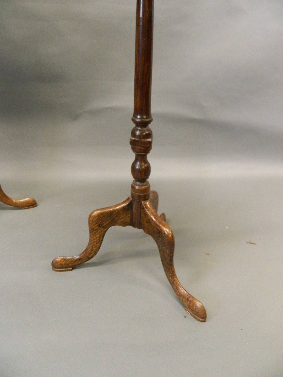A pair of antique elm occasional tables, raised on turned columns and tripod supports with pad feet, - Image 3 of 3