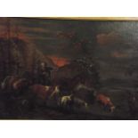 A C19th Continental oil on canvas, horseman with cattle and goats in an alpine landscape, relined,