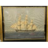 A watercolour of a three masted ship, 'Ship Franklin of Boston', 21" x 16½"
