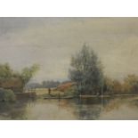 R. Little, C19th watercolour, riverside landscape with fishermen in a punt, inscribed verso '