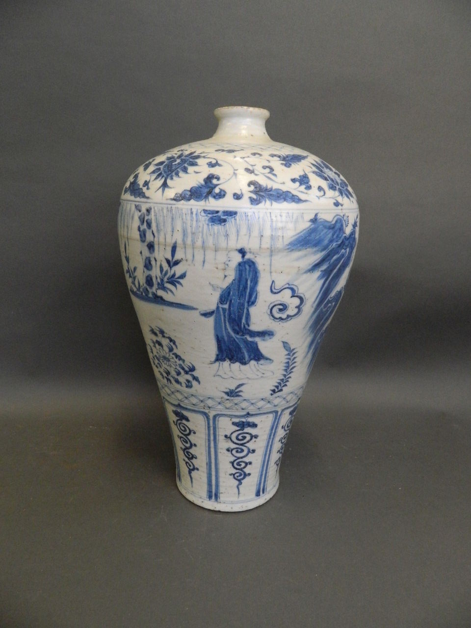 A large Chinese Ming style blue and white meiping vase with painted decoration of four immortals