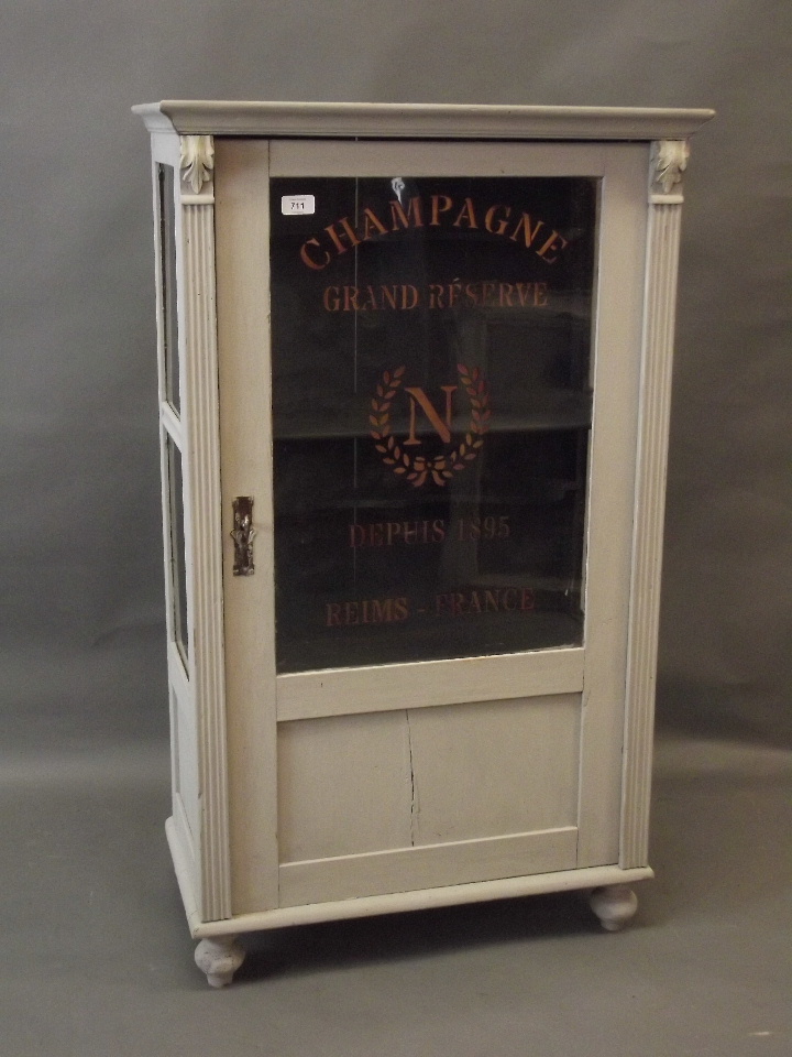 A C19th Continental painted pine display cabinet with decorative sign work to glass, 13" x 25" x 43" - Image 2 of 3