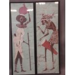 A pair of African Batik prints of a stylised water carrier and drummer, 10" x 34"