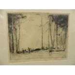 A black and white etching of figures gathering firewood, signed in pencil, 10½" x 8½"