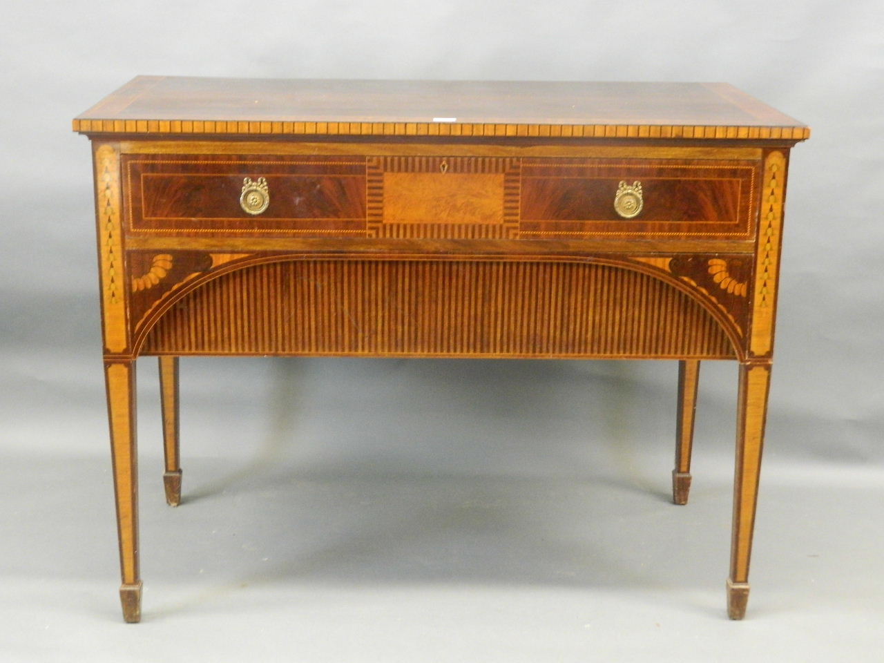 A good C19th mahogany buffet/silver table with fine inlaid decoration, 26" x 50" x 37½"