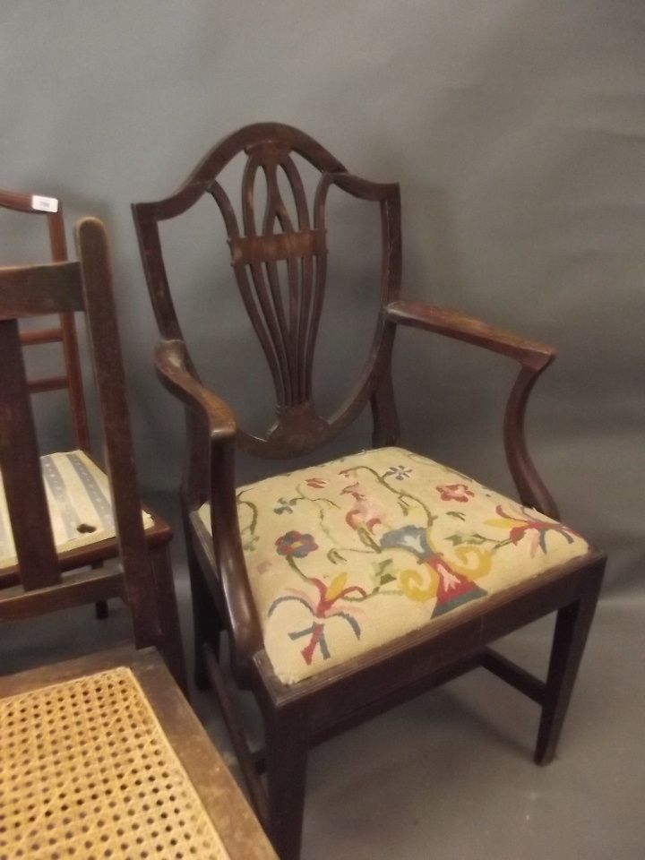 A C19th shield back elbow chair, a rush seated low elbow chair, and three others - Image 4 of 4