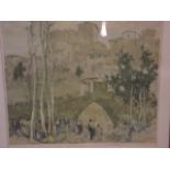 Frank Brangwyn, signed lithograph, figures by a Continental bridge, with Blind stamp, 21" x 19"