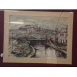 An ink and watercolour drawing, industrial canal scene with parked cars, dated 1976, signed with