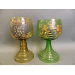 Two large Bavarian coloured glass rummers, one green and one amber, both bearing enamelled coat of