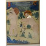 A C20th watercolour of cherubs in a field, signed with calligraphy, 7½" x 9½"