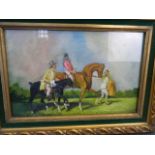 A C20th oil on board, Georgian style picture of a gentleman on a horse riding beside a race