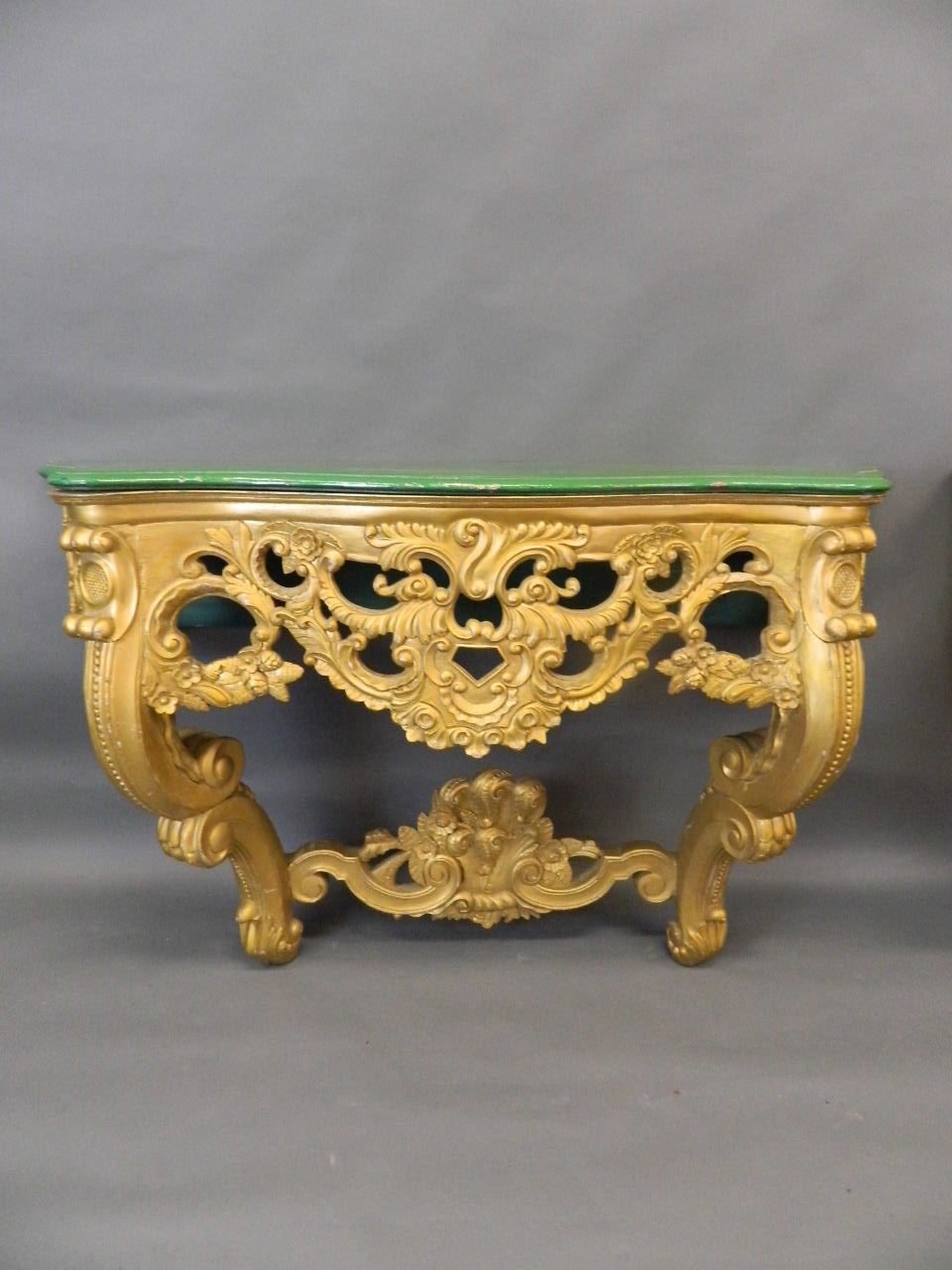 A pair of giltwood console tables with serpentine shaped and carved painted tops, 55" x 18" x 33" - Image 2 of 4
