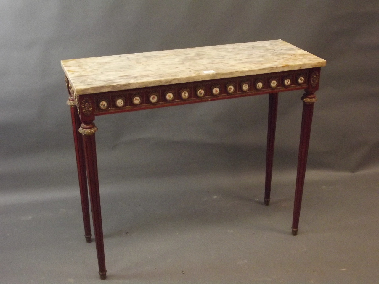 A French style mahogany and brass mounted console table with marble top and frieze comprising - Image 2 of 3