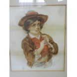 A watercolour painting of a boy playing the recorder, signed 'M. Crabtree, June 16th 1900', 10" x