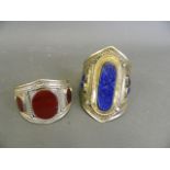 A Turkmeni white metal bangle set with agate, and another set with lapis lazuli, largest 4"