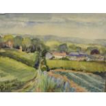 A watercolour of a rural landscape with distant cottages, monogrammed 'E.T.', 18" x 14"