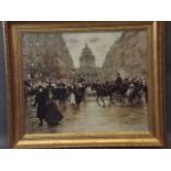 An over painted print, Parisian street scene, signed indistinctly, 21" x 18"