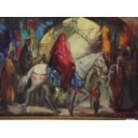 An oil on canvas, veiled Arab woman on a white horse, signed Kantor, dated 1951 verso, 20" x 28"