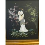 A mixed media painting of a Japanese girl standing in a garden of flowers and bamboo, 10½" x 12½"