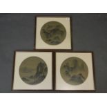 A set of three Chinese watercolours, mountain landscapes with distant villages and travelling