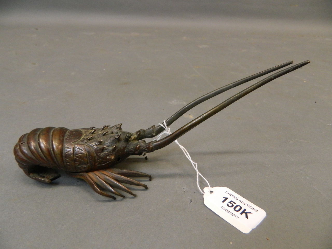 An Oriental bronze model of a crayfish, 8½" long