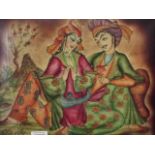 An Indian painting on leather, courting couple, signed, 11" x 15"