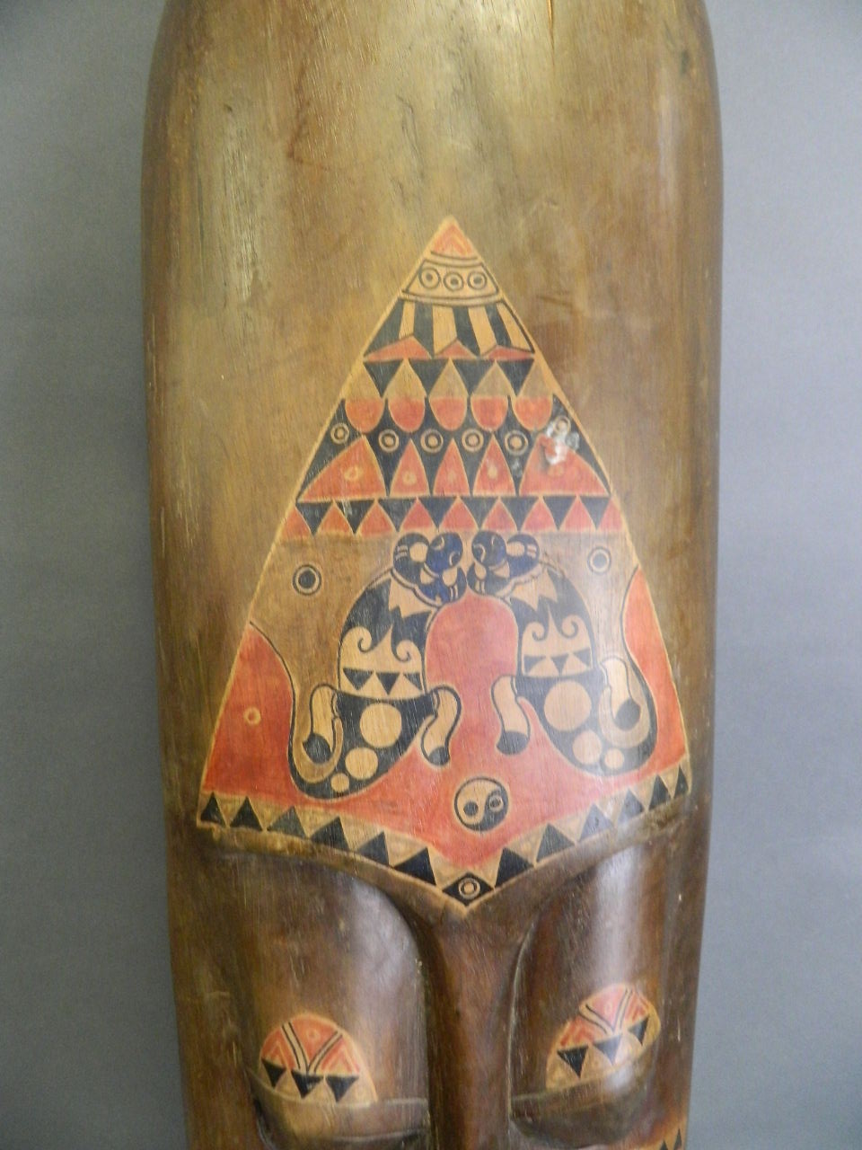 A large African carved wood wall mask with painted animal decoration, c1950, 9½" x 40" - Image 2 of 3