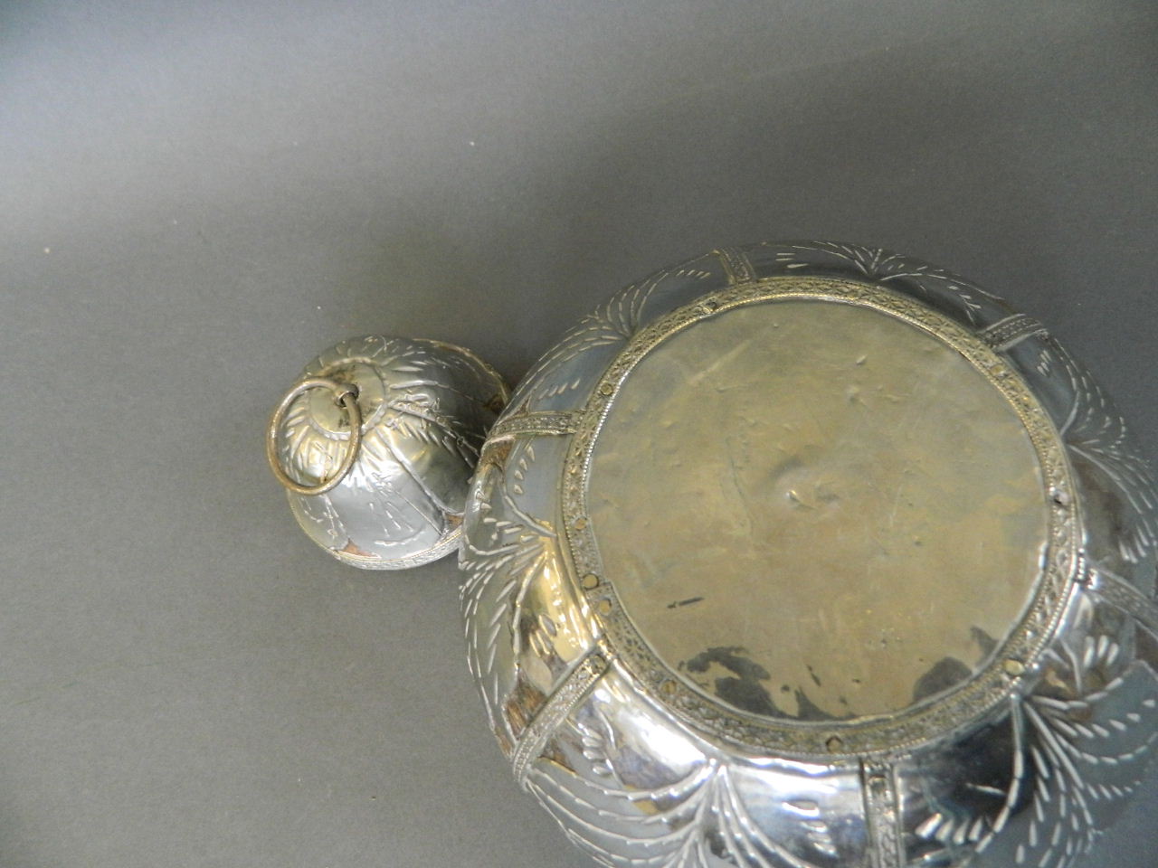 A Middle Eastern wooden pot and cover of squat form with white metal pierced and engraved leaf - Image 3 of 3