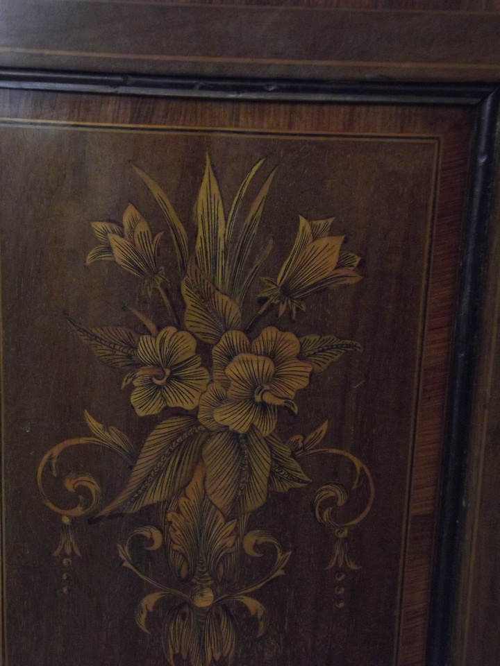 A C19th figured mahogany demi-lune side cabinet with Adam style penwork inlaid decoration of - Image 5 of 5