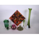 A collection of assorted art glass to include spill vases, decanter, candlestick etc, the largest