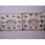 A pair of decorative metal advertising signs for fishing flies 'The Classic Salmon Fly' and 'The