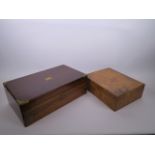 A brass bound rosewood writing slope, together with an inlaid walnut box, largest 9½" x 16"