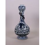 A Chinese blue and white porcelain garlic head shaped vase decorated with phoenix and kylin, 12"