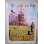 A replica metal advertising sign for 'The Gamekeeper' magazine, 20" x 27½"