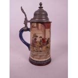 A C19th Hauber & Reuther pottery ½ litre stein decorated with a scene from Dr. Faustus, A/F repair