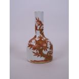 A small Chinese red and white porcelain mallet shaped vase with peach tree decoration, seal mark