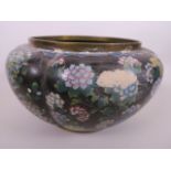 A large Chinese cloisonné bowl with floral decoration on a black ground, A/F, 12" diameter